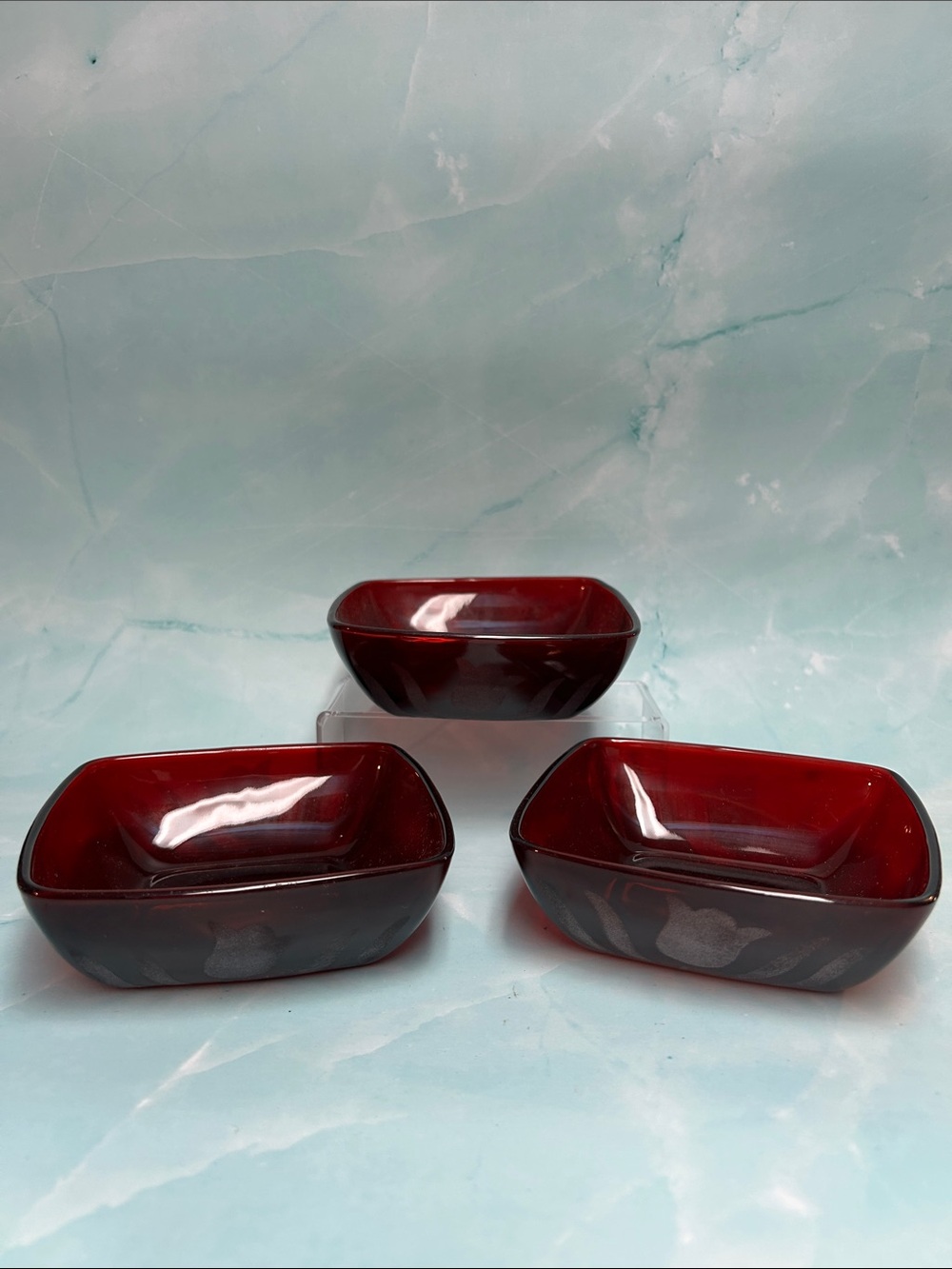 Set of 3 Vintage RUBY RED etched tulip GLASS SQUARE BOWLS DISH 4.75in